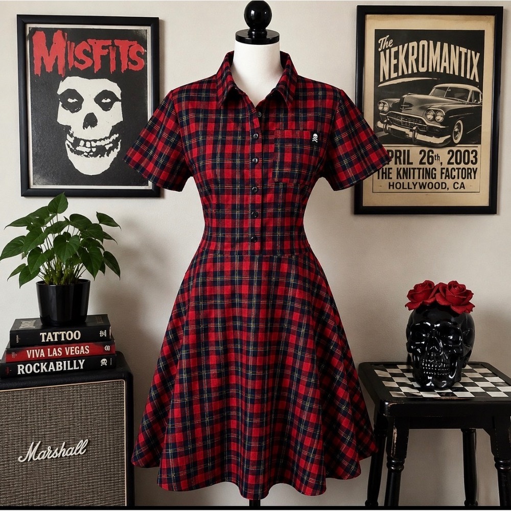 Sourpuss Womens Shirt Dress XL Cotton Plaid Flannel Skull Rockabilly Punk Retro